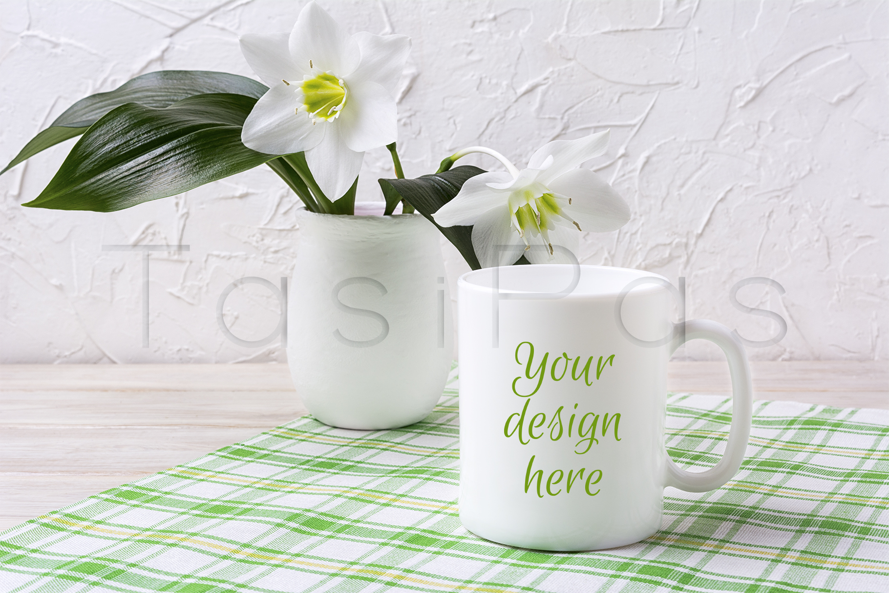 Download White Mug Mockup with Lily in Vase on Green Checkered Napkin - White mug mockup Collection